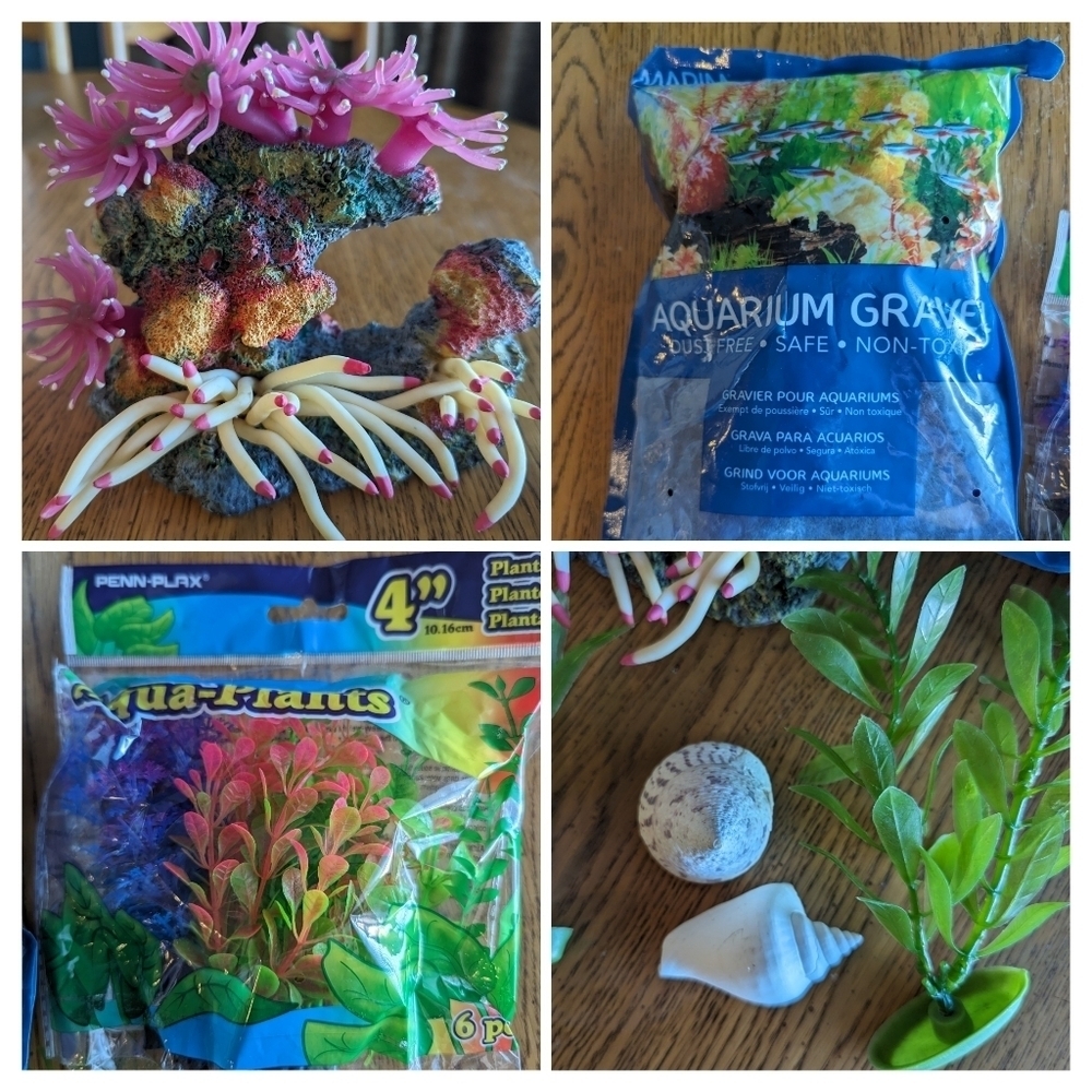 Aquarium decor lot, artificial Coral, gravel, plants, shells, New Jellyfish